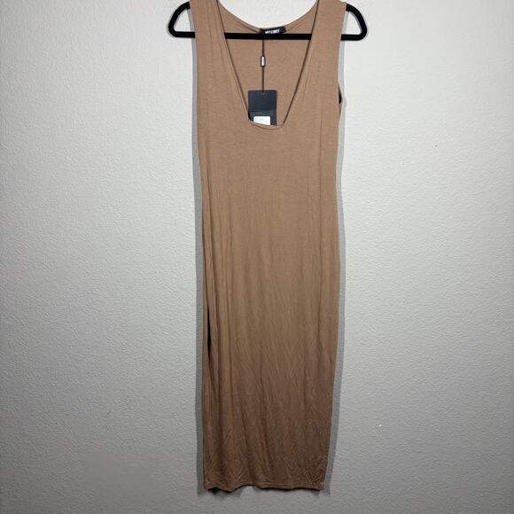 Missguided Size 6 Plunge Sheath Dress Camel Tan Hourglass Sleeveless Stretch - Picture 2 of 9